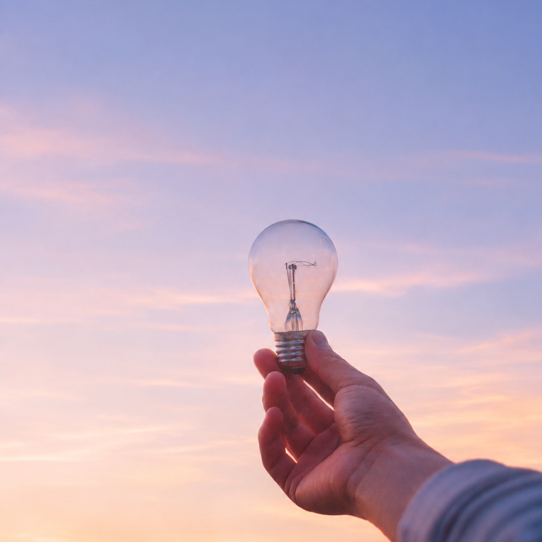 A hand holding a light bulb